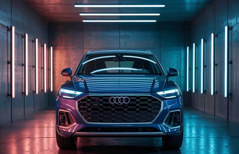 Blue Audi in Booth Audi Certified Collision Repair at Precision Auto Body and Paint Blue-Audi-in-Booth-Audi-Certified-Collision-Repair-at-Precision-Auto-Body-and-Paint