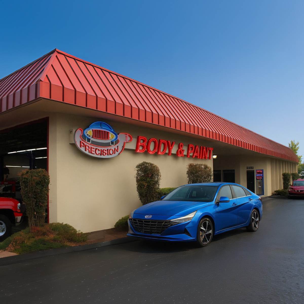 Blue-2025-Hyundai-Elantra-in-front-of-Precision-Body-and-Paint-for-an-estimate-Beaverton