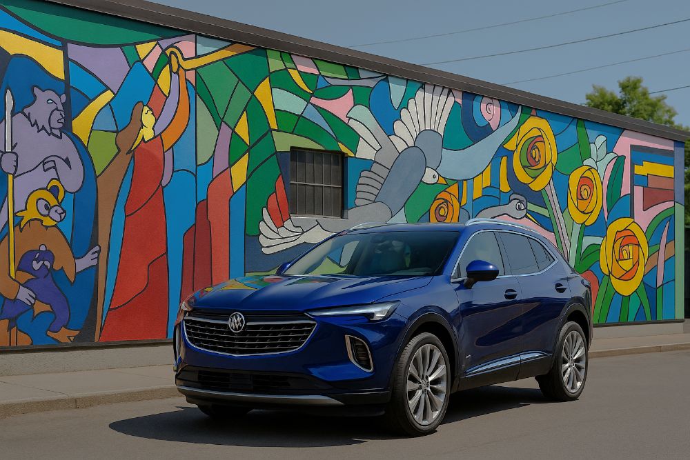Blue GM Buick SUV in front of Beaverton OR Mural after GM Certified Repairs at Precision Body and Paint Blue-GM-Buick-SUV-in-front-of-Beaverton-OR-Mural-after-GM-Certified-Repairs-at-Precision-Body-and-Paint
