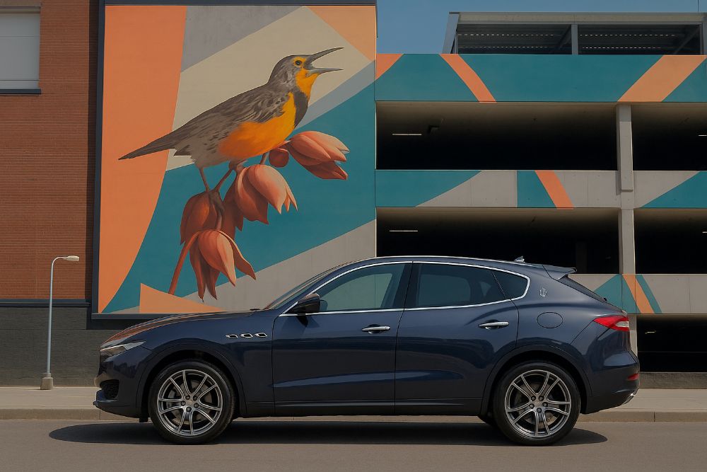 Maserati-SUV-Blue-in-front-of-mural-in-Beaverton-after-Certified-Collision-Repair-Precision