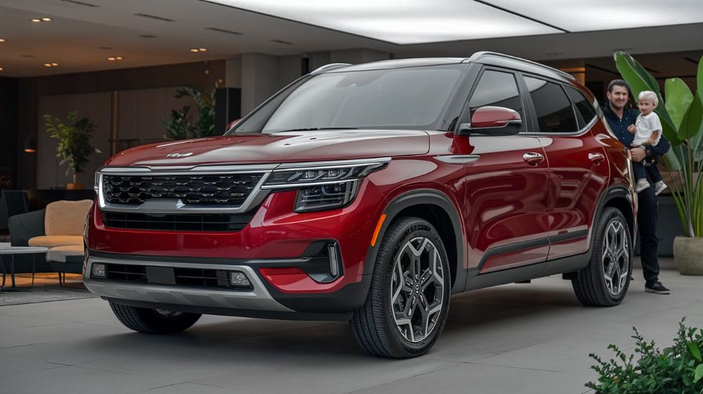 Red-Kia-parked-with-man-and-son-behind-Kia-Certified-Collision-Repair-Precision-Body-and-Paint