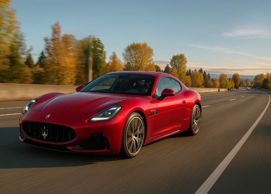 Red-Maserati-going-down-highway-in-Beaverton-OR-to-Precision-Body-and-Paint