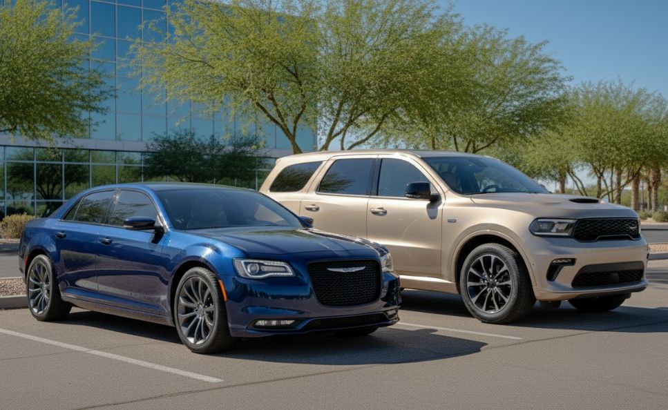 Mopar Chrysler 300 and Dodge Durango sitting in parking lot after auto body repair Precision First Infiniti-showing-inside-with-woman-passenger-Infiniti-Certified-Collision-Repair-Precsion-First