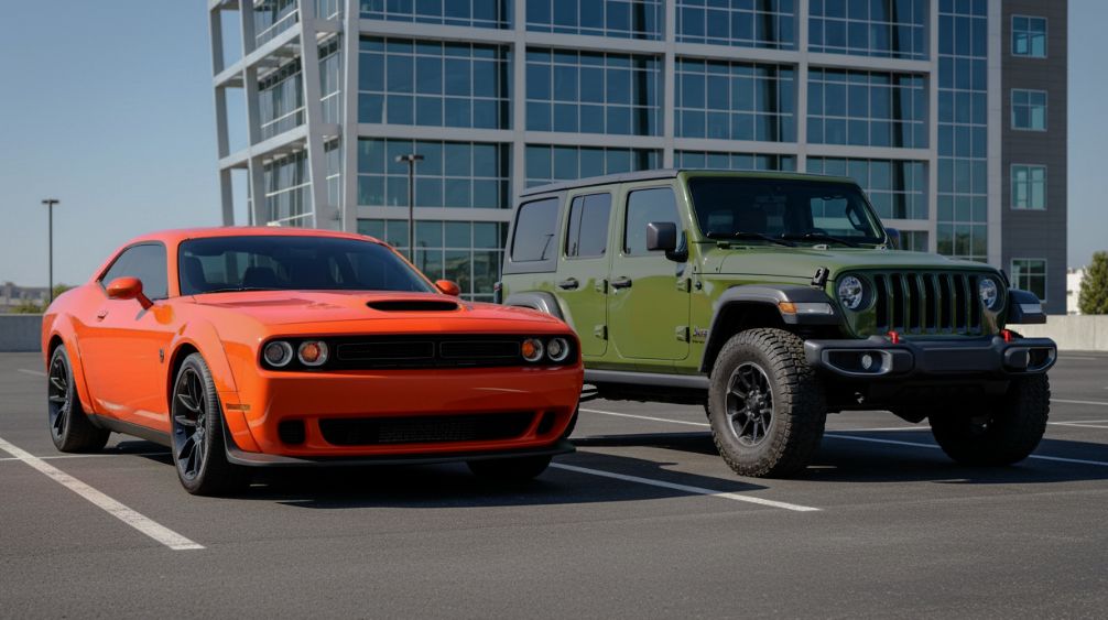 a Dodge Challenger and a Jeep parked side by side in an empty parking lot Blue-Infiniti-SUV-showing-we-help-with-insurance-clams-at-Precision-Body-and-Paint