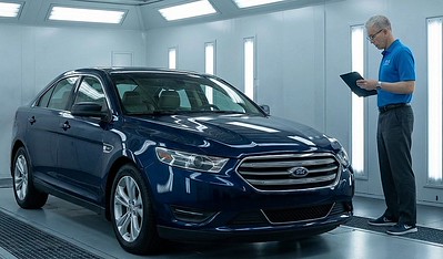 Blue Ford Taurus going under inspection-Bend certified collision repair