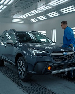 Subaru in paint booth-Bend certified collision repair Precision body & paint